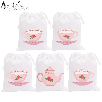 

Tea Set Theme Party Bags Candy Bag Gift Bags Tea Time Teapot Cups Decorations Grand Event Birthday Party Container Supplies 5PCS