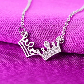 

Real 925 Sterling Silver Crystal Crown Charm Pendant Necklace Short Choker Necklace For Girl Women Wedding Party Jewelry Gift