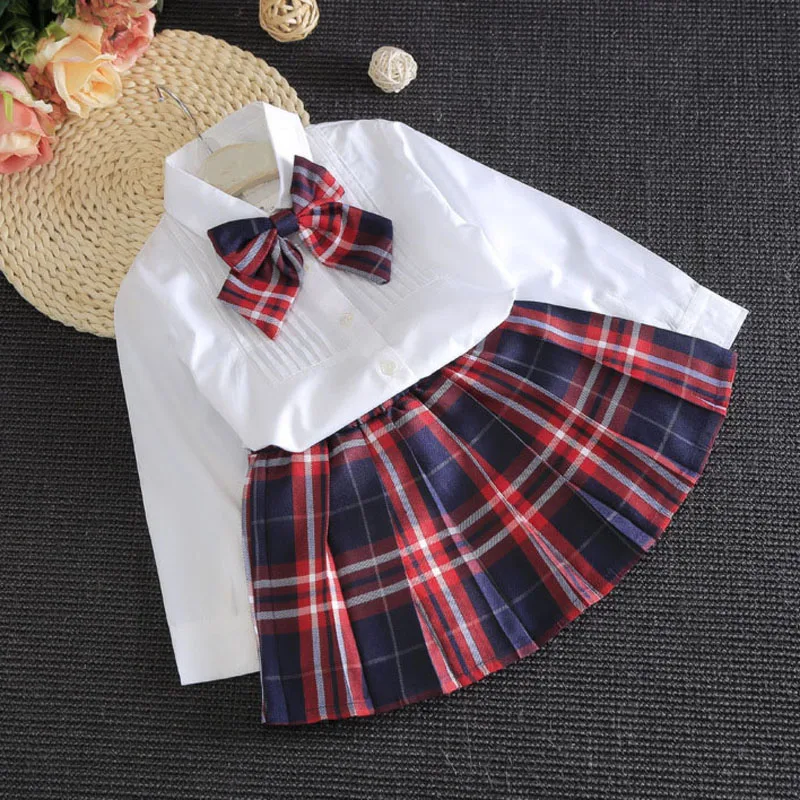 Spring Summer Girl Suit Casual Clothing Autumn British Style Pure White Shirt + Plaid Skirt + Bow Children'S School Uniform