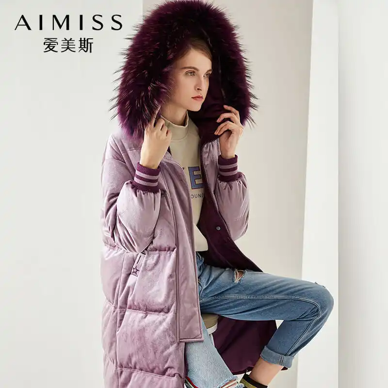 AIMISS/Фирменная Новинка; пуховик; очень плотный теплый пуховик с натуральным пером на молнии; фиолетовый цвет; повседневное зимнее пуховое пальто; Длинная Верхняя одежда