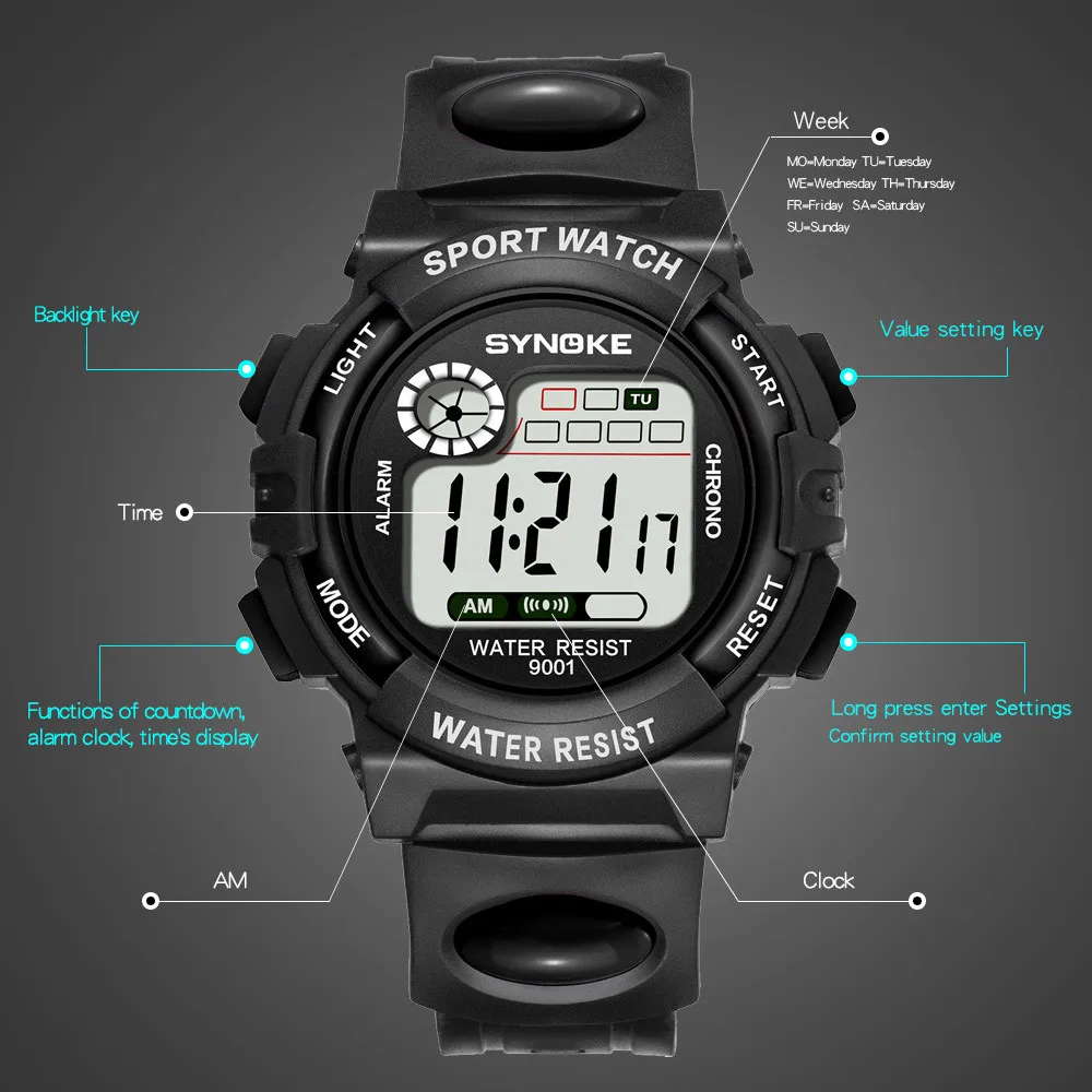 SYNOKE детские часы для мальчиков и девочек многофункциональные водонепроницаемые часы Цифровые спортивные часы Pu ремешок электронные часы подарок 40
