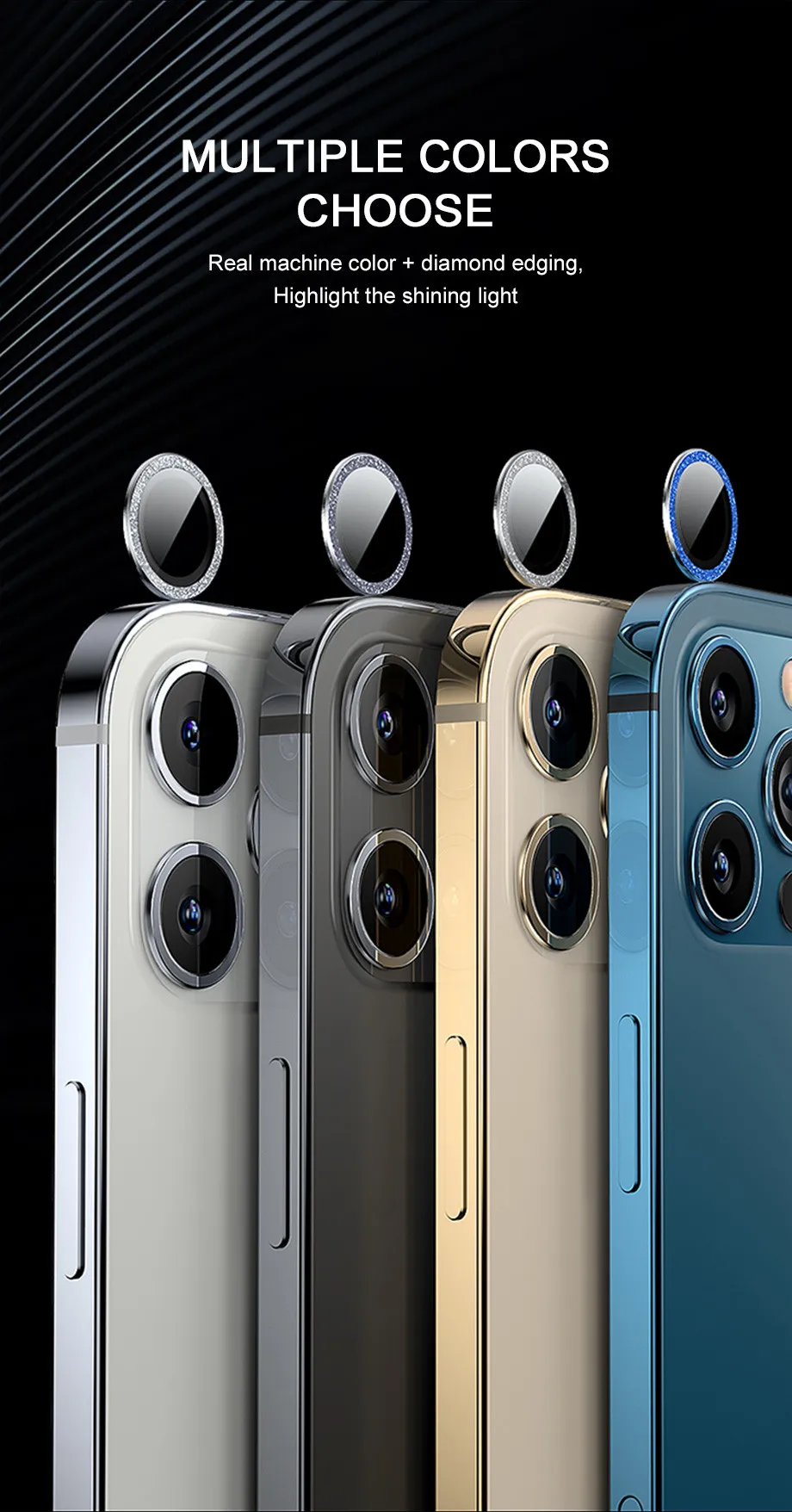 Diamond Glitter Camera Lens Protector On For iPhone 13 12 11 Pro Max Mini Metal Ring Lens Glass On iPhone 13 Pro Max Protective