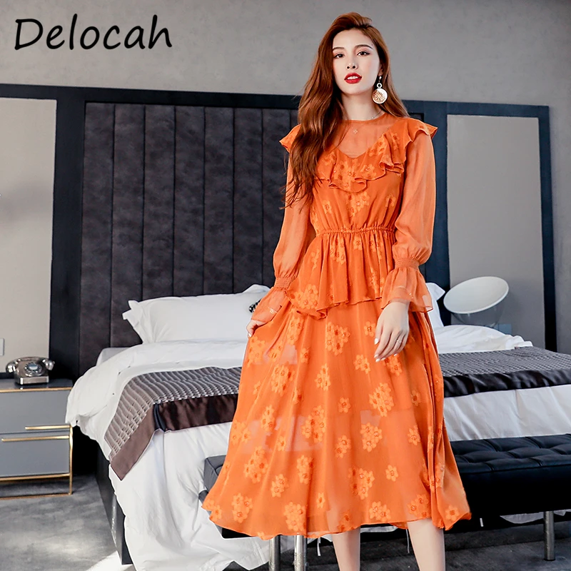 

Delocah Women Autumn Fashion RunwayÂ Party A-Line Dress Lantern Sleeve Elegant Bodycon Fit Printed Ladies Midi Dresses vestidos