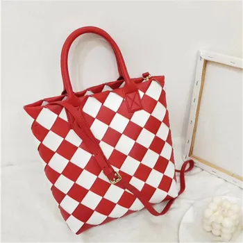 

2020 New Panelled Plaid Woven Rope Knot Tote Bag Large Capacity Casual Totes Shoulder Bag High Quality Women Purse and Handbags
