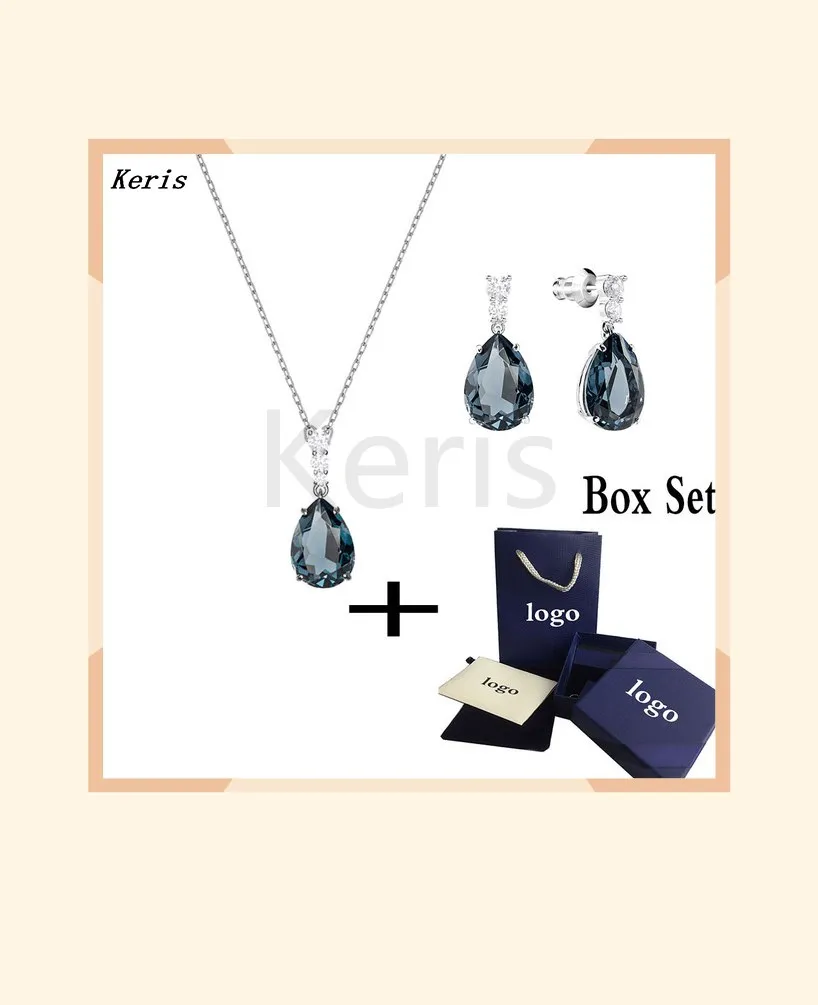 

2019 Classic Generous New Vintage Set Shiny Exquisite Cyan Crystal Drop Clavicle Female Necklace Romantic Jewelry Set Best Gift