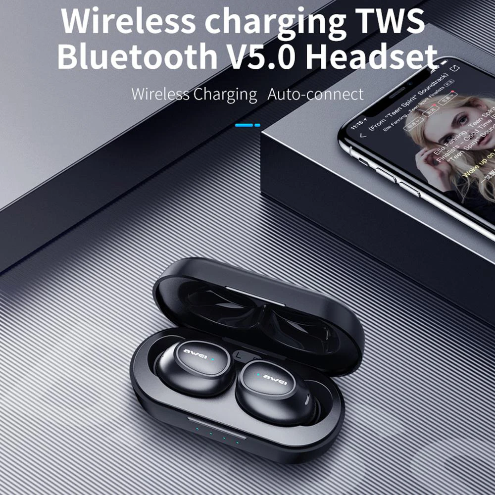 AWEI T16 TWS Ear buds Wireless Charging Earphones Auto Connect Bluetooth Headphone for Xiaomi Redmi Huawei iPhone