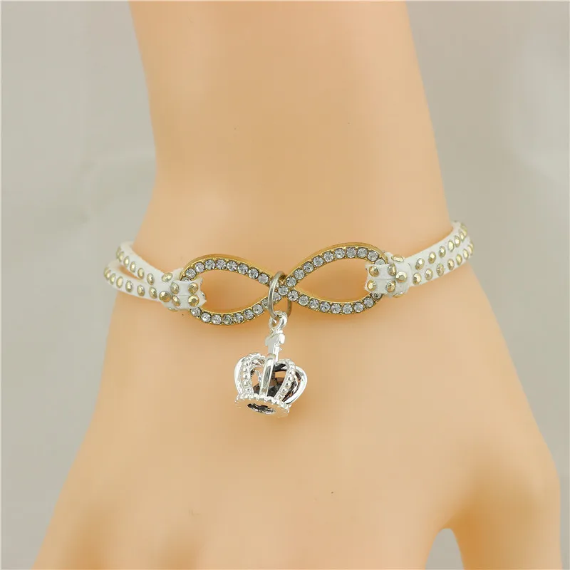 12 шт./лот 2 цвета Черная Корона Кулон Бесконечность браслет для женщин модные ювелирные изделия pulseira feminina pulseira de couro