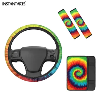 

INSTANTARTS Tie-dye Patterns Car Armrest Seat Box Covers Protector for Women Car Steering Wheel Cover Storage Organizer Arm Rest