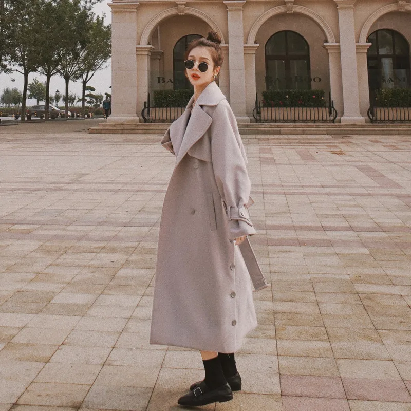 

2020 New Autumn Winter Fashion Woolen Coat Women Button Lapel Thick Warm Loose With Sashes England Style Elegant C434