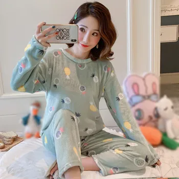 

Women Pajamas Set Autumn Winter Kawaii Cartoon Printed Nightgown Cute Sleepwear Casual Homewear Female Nightwear 1