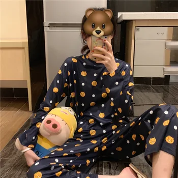 

Pajamas Women Long Sleeve Spring And Autumn Students Korean-style Cute Thin Loose And Plus-sized Pajamas Women's Winter Set Home