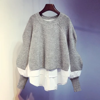 

Fake Two Sweaters 2019 Korean New Pullover Knitwear Autumn and Winter Long Splicing Sweater Lantern Sleeve Women's Sweater