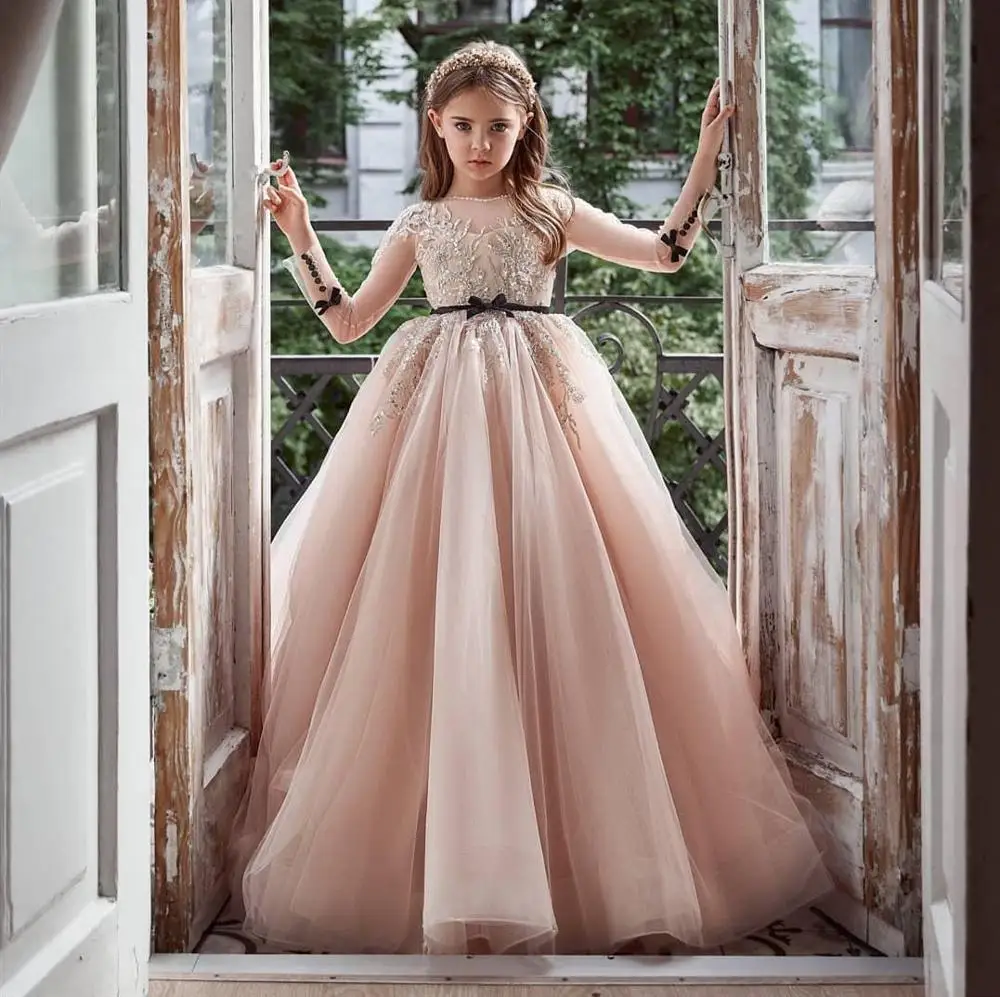 Custom Pink Flower Girl Dress Long Sleeve Beaded Lace Sheer Neck Backless Girls Pageant Gown Party | Детская одежда и обувь