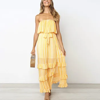 

KIYUMI Boho Dress Women 2019 Summer Fashion Stripe Print Off Shoulder Maxi Dresses Sexy Side Slit Ruffle Beach Long Sunday Dress