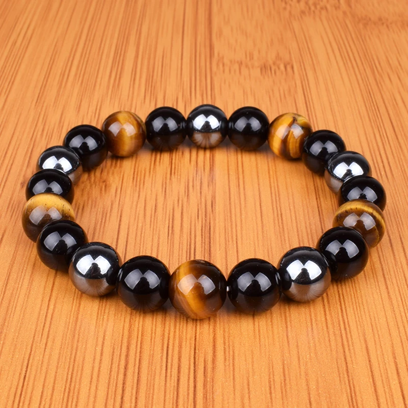 Bracciale In Pietre Naturali Fancese – Occhio Di Tigre, Ematite E Ossidiana Nera – Per Protezione E Benessere – 10mm O 8mm – Uomo E Donna – Fatto A Mano
