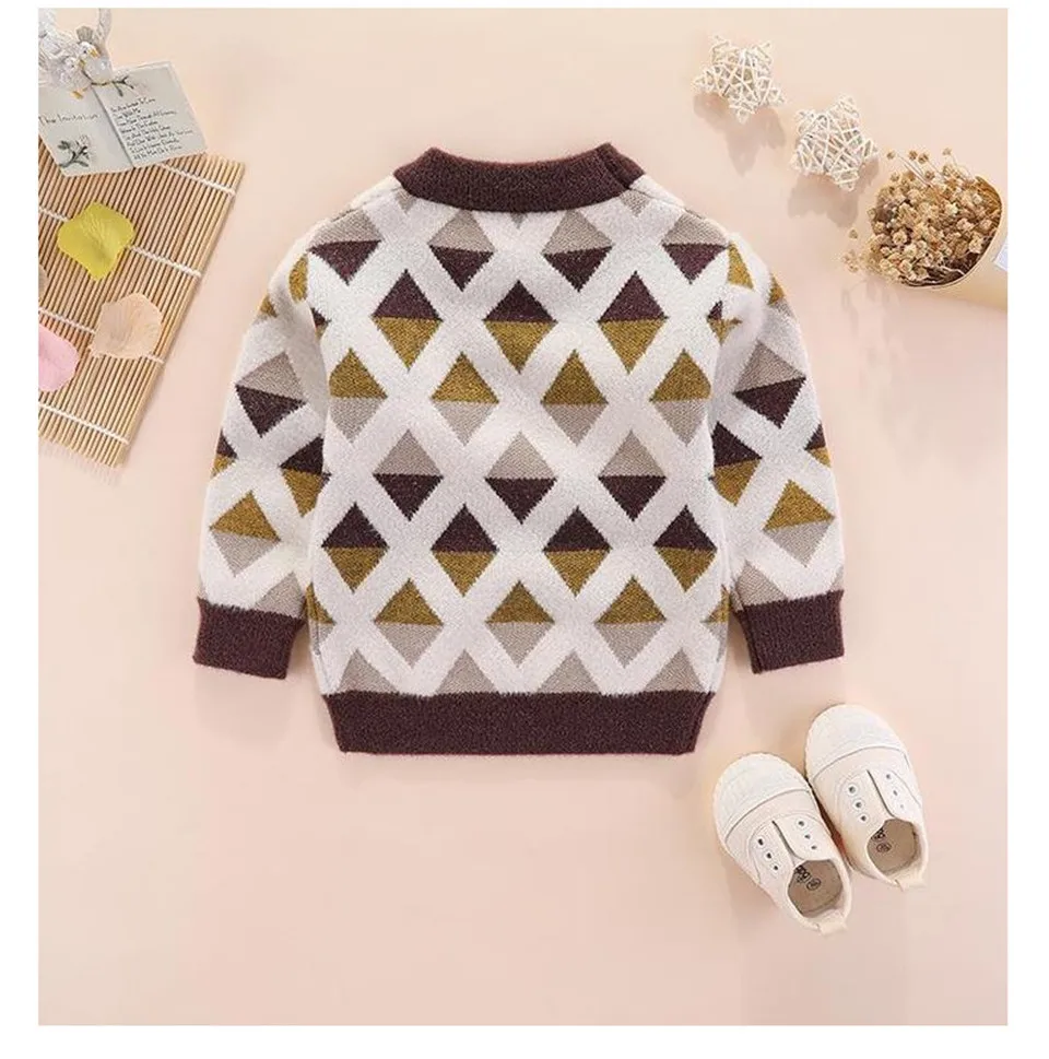 Autumn& Winter Girl& Boy Warm Sweaters O-Neck Leisure Plaid No Access Control Knitted Tiny Cottons Tops Ribbed Sweater M