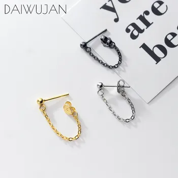 

DAIWUJAN Punk 925 Sterling Silver Beads Chain Tassel Stud Earrings Gold Black Color Ear Cuff Earrings for Women Jewelry