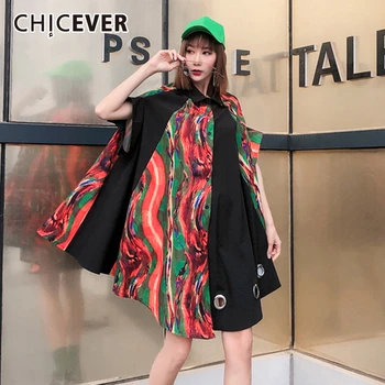 

CHICEVER Patchwork Print Hit Color Shirt Female Lapel Collar Batwing Short Sleeve Hollow Out Oversize Loose Dresses Women 2020