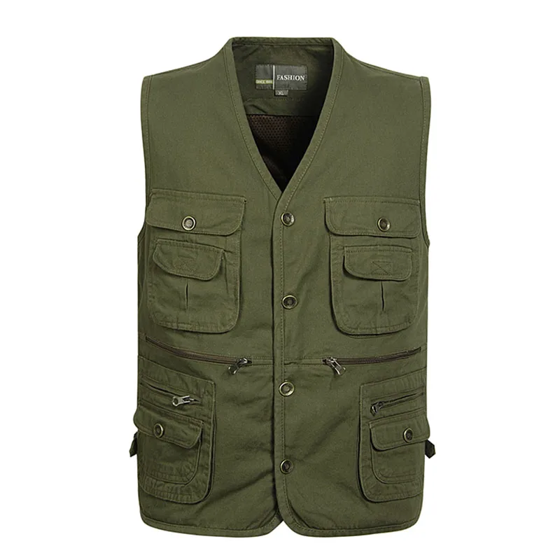 

Big Size Cotton Fabric Multi Pockets Fishing Vest Men V-Neck Tactical Photography Waistcoat Solid Inner Pocket Sleeveless Jacket