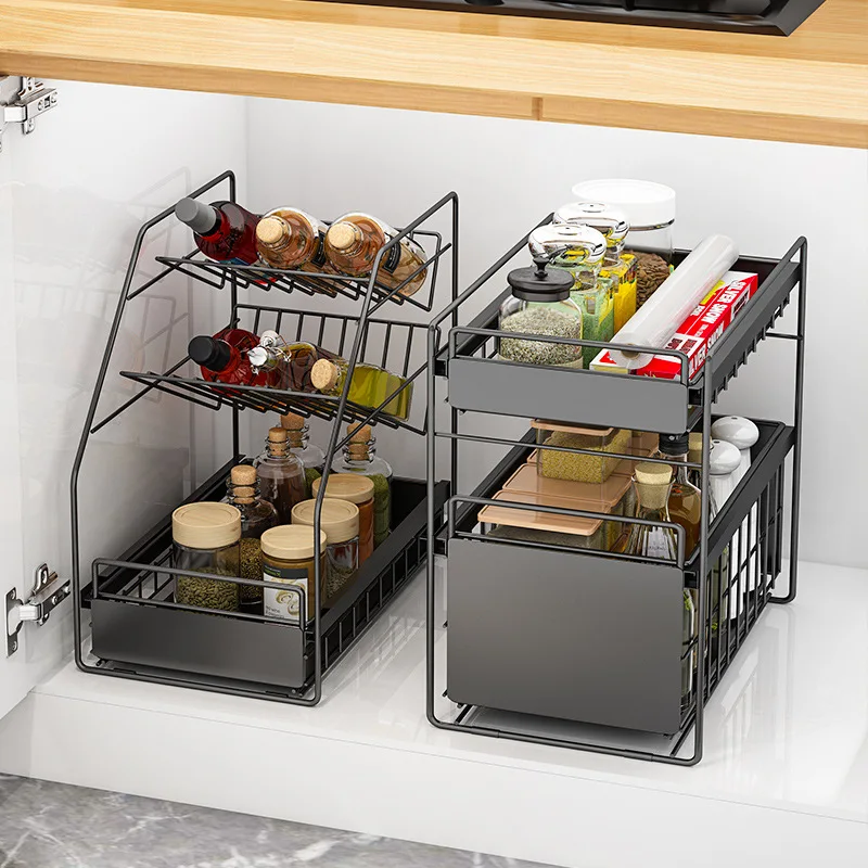 Kitchen telescopic sink rack floor multi layer iron storage rack ...