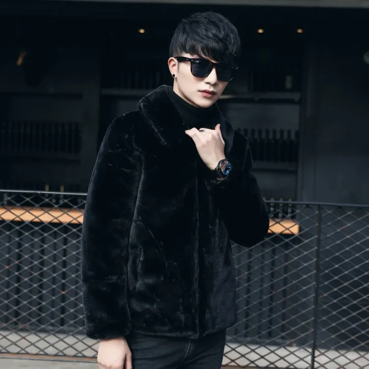Furry Faux Rex Rabbit Fur Coat For Men 2019 Winter Thicken Outerwear Slimming Black Jacket Overcoat XL757 | Мужская одежда