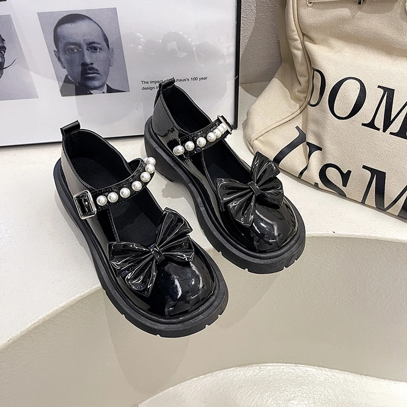 

Japanese sweet lolita shoes black bow pearl Harajuku heels women cute shoes korean women shoes round head kawaii shoes