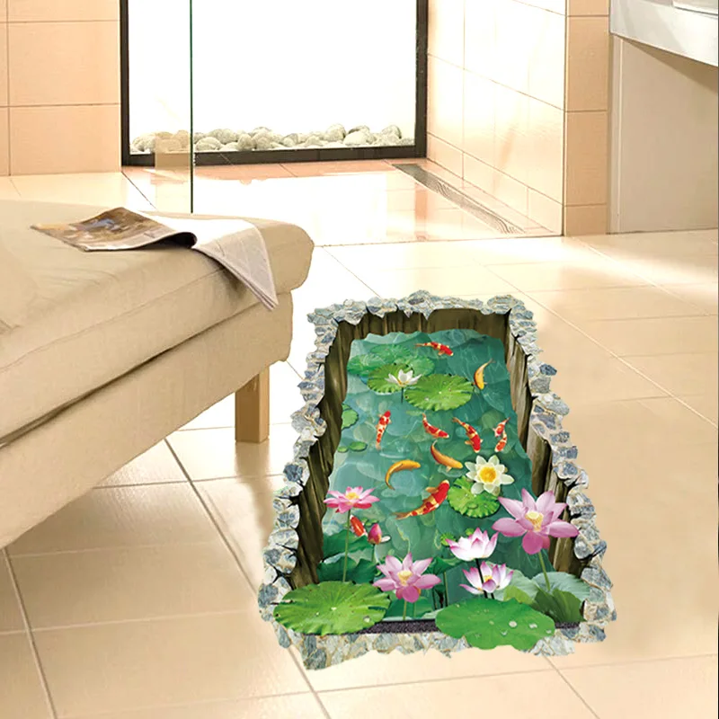 Модная 3D наклейка на пол в виде рыбьего пруда с красивыми цветами для ванной и спальни, настенная наклейка, креативный пейзаж, домашний декор для детской комнаты