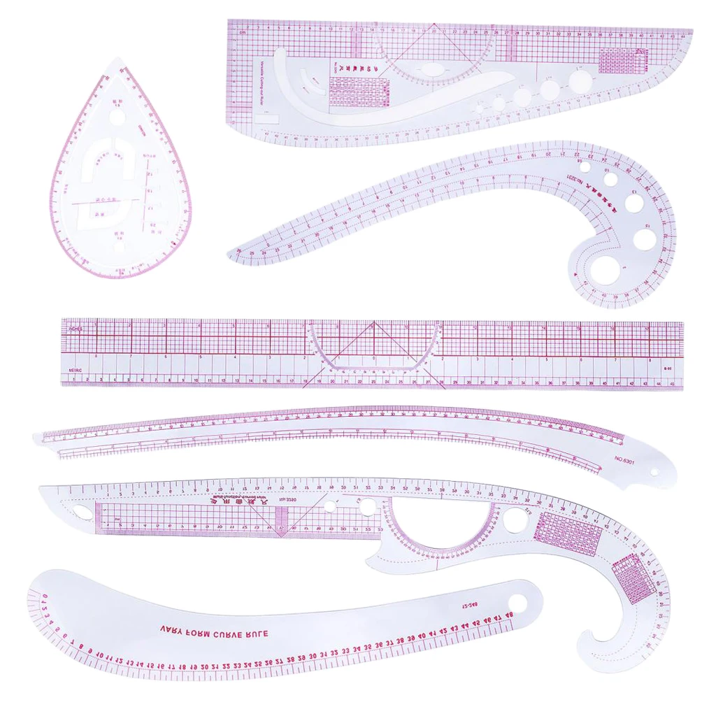 7 Stlye Fashion Metric Ruler Set French Curve Pattern Grading Rulers Styling Design for DIY Clothing Tailor Students Designer