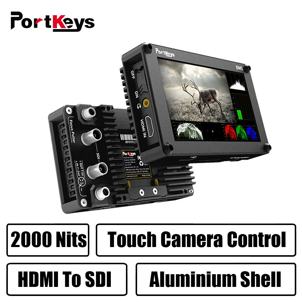 

Portkeys BM5 3G-SDI/HDMI Input 2000nit Touch Screen 3D-LUT Aluminum Shell On-Camera DSLR Monitor with Control Cable