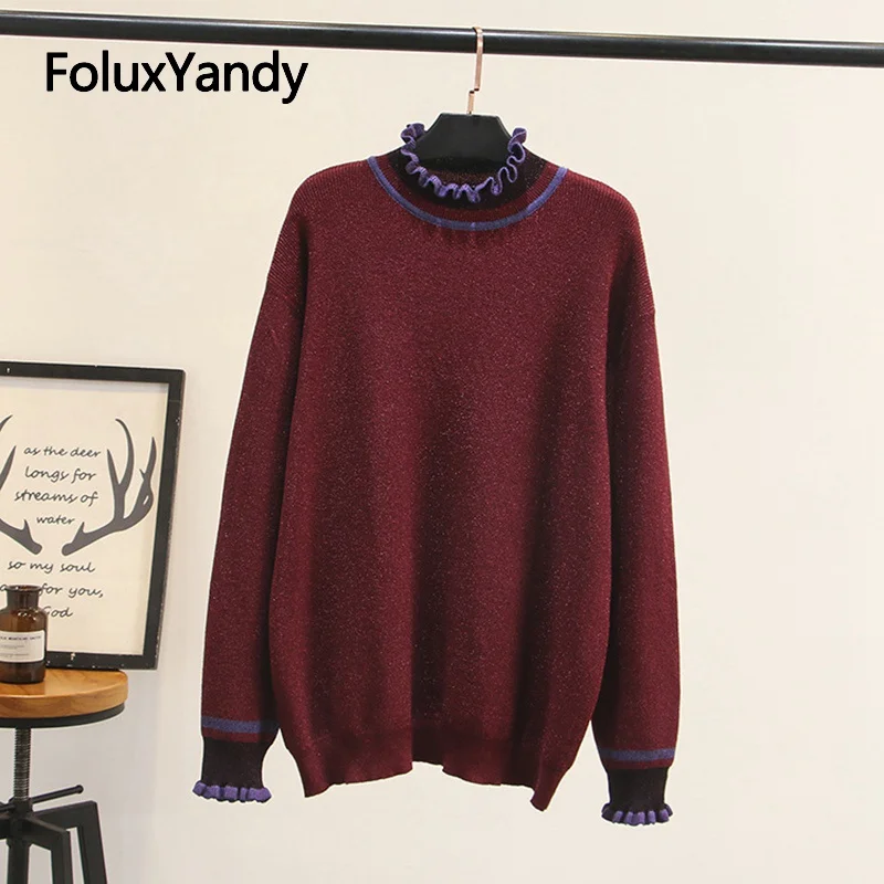 

Plus size women Sweater 2019 new 3XL 4XL long sleeves turtle neck warm winter pullovers Ruffles KKFY4030