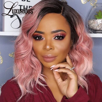 

13x6 Short Bob Wavy Human Hair Wigs For Women Brazilian Remy Pink Burgundy Ombre Colored Wavy Bob Wig Closure Wig Pre Plucked