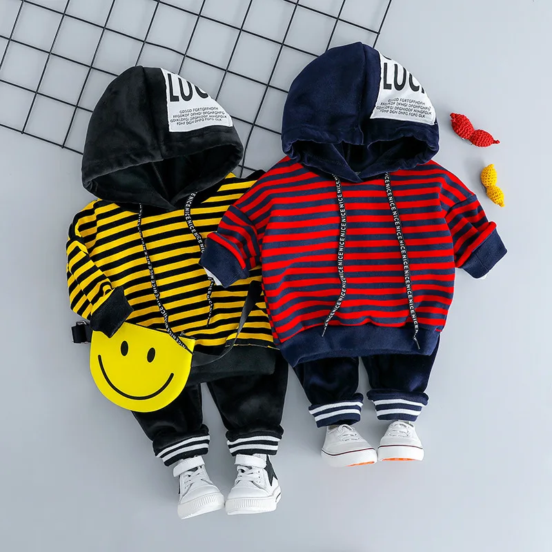 Комплект зимней одежды для маленьких мальчиков и девочек, Вельветовая Толстовка в полоску с капюшоном+ штаны комплект для малышей из 2 предметов брендовая Теплая Флисовая одежда для новорожденных