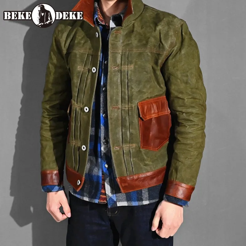 

Vintage Mens Hard Cowide Safari Style Jacket Patchwork Cargo Genuine Leather Coat Single Breasted Motor Biker Jacket Outerwear