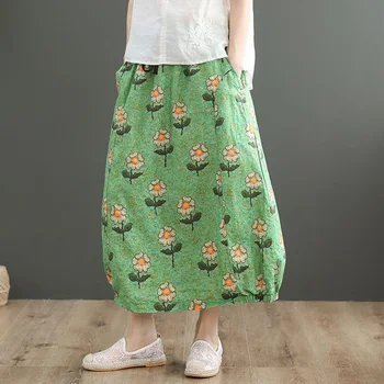 

Women Floral Linen Skirt Ramie Vintage Long for Summer Elastic Waist Big Loose Green AZ20151724