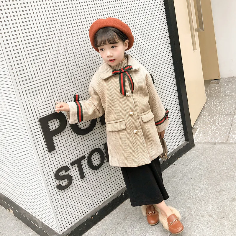 

2019 Winter Style Girls' Wool Coat Autumn And Winter Padded Single Row Pearl Clasp Woolen Jacket Twill Coat Female 10.2