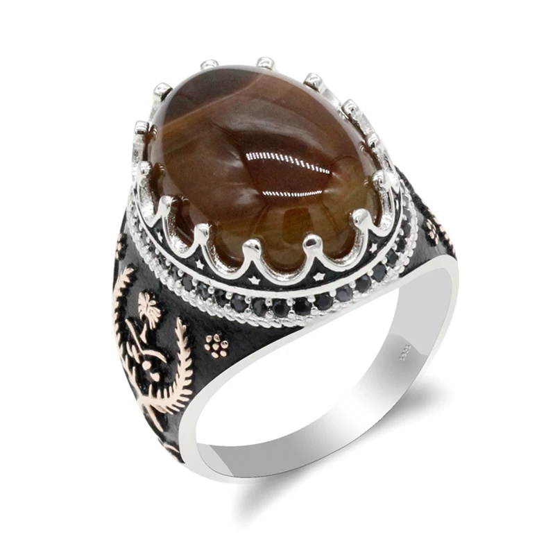 925 Sterling Silver Islamic Men Ring with Oval Natural Stone Rings