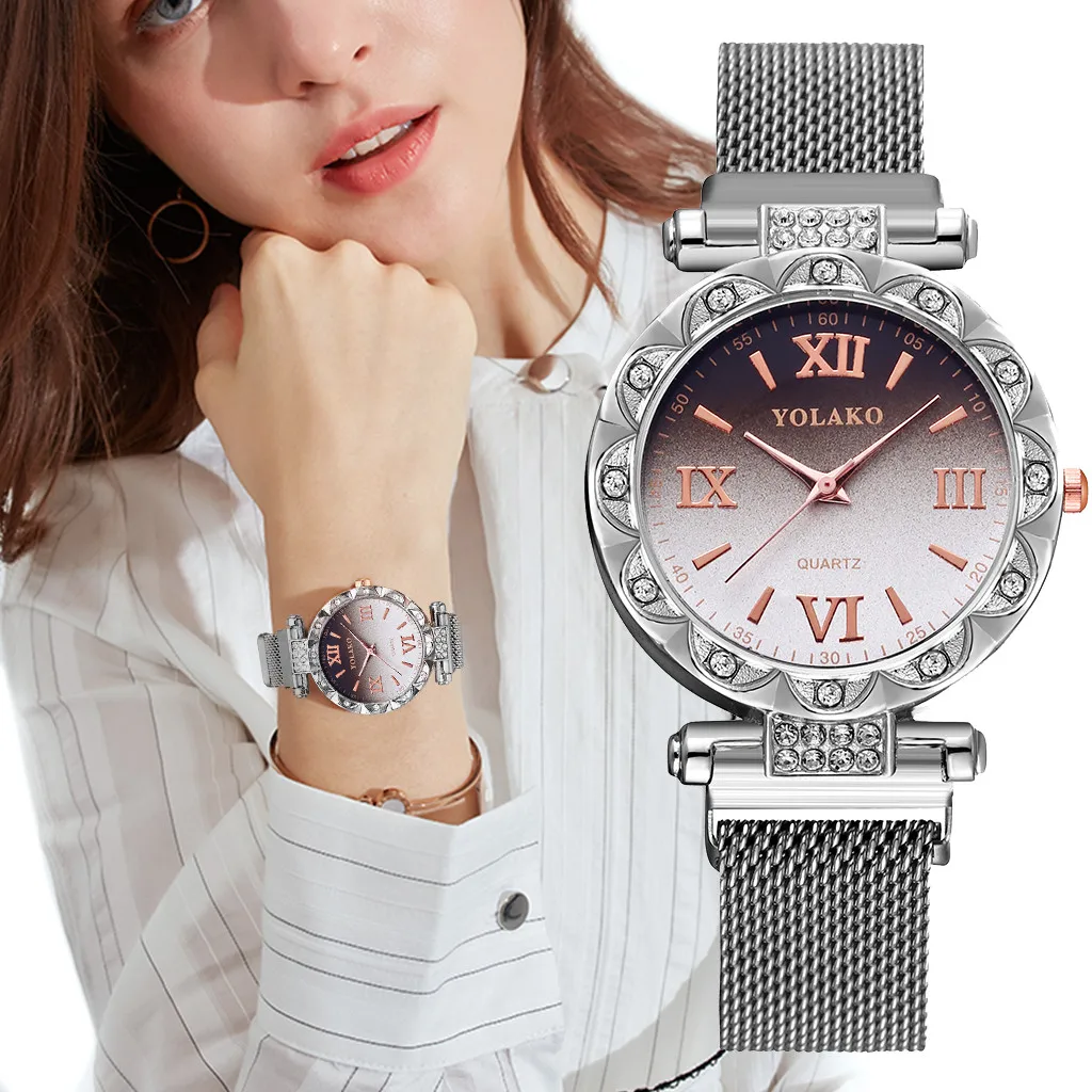

Women Quartz Watch YOLAKO Quartz Stainless Steel Band Round Dial Women Magnet Buckle Gradient Roma Dial Watch Часы женские