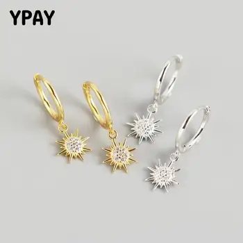 

YPAY 100% Genuine 925 Sterling Silver Earrings for Women Europe INS Geometric Sun Pendant Hoop Earring Fine Jewelry Gift YME725