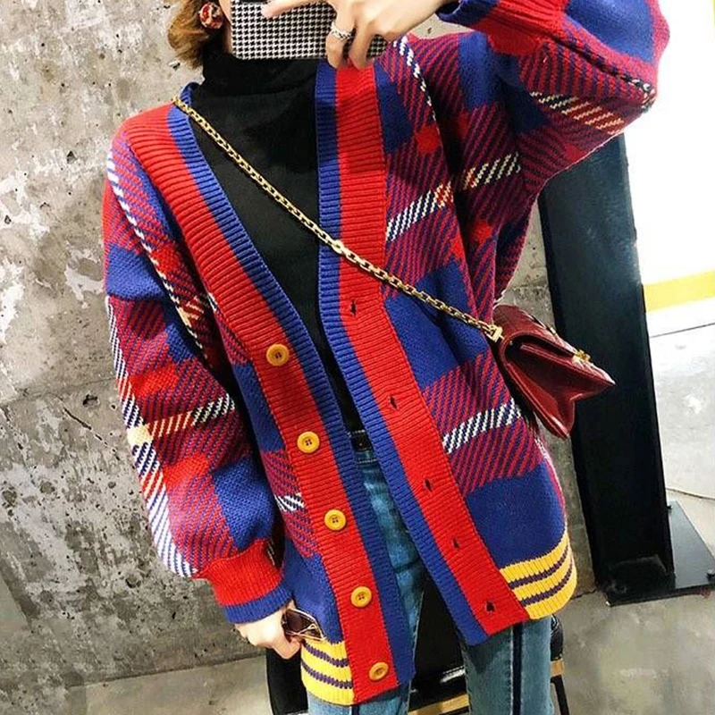 2019 New Autumn Winter Cardigan Plaid Print Loose jacket Women Lantern sleeve Large Size Knitted Sweater coat cc1002 |