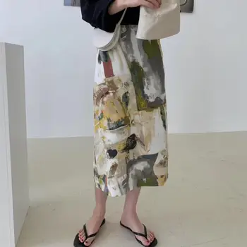 

Retro Oil painting Womens Midi Skirt a-line female Elegant Korean style high waist slim long skirts 2020 New