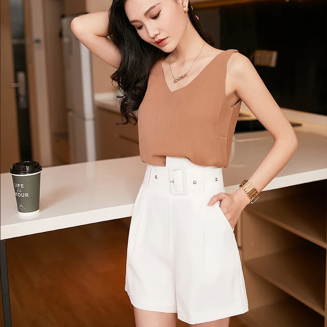 Korean Women Shirt Chiffon Tank Tops Female Sleeveless Shirts Tops Woman White Pullover Blouse 2022 Fashio Woman Basic Shirt Khaki