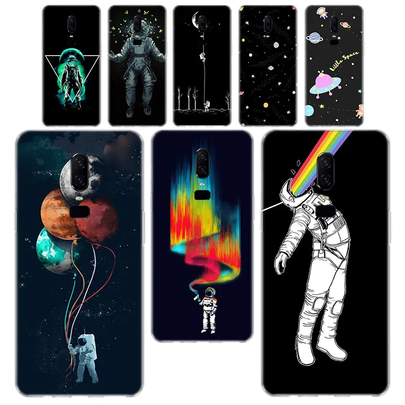 

Black With White Moon Stars Space Astronaut Phone Case For OnePlus One Plus 7 Pro 5 5T 6T 6 Soft Silicagel Phone Case Cover
