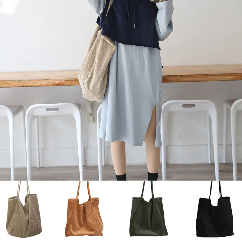 

2020 new thick corduroy open thin shoulder strap all-match solid color large capacity tote bag fashion one-shoulder handbag
