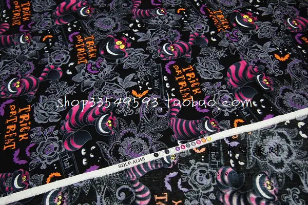 140cm Width Alice in Wonderland Cheshire Cat Trick or Treat Cotton Fabric for Baby Clothes Bags Halloween Decoration DIY-BK666