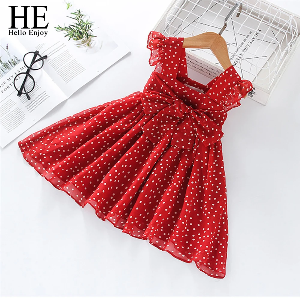 HE Hello Enjoy/летние платья для девочек шифоновое платье в красный горошек элегантная детская одежда с бантом модная одежда для малышей Повседневная От 1 до 6 лет