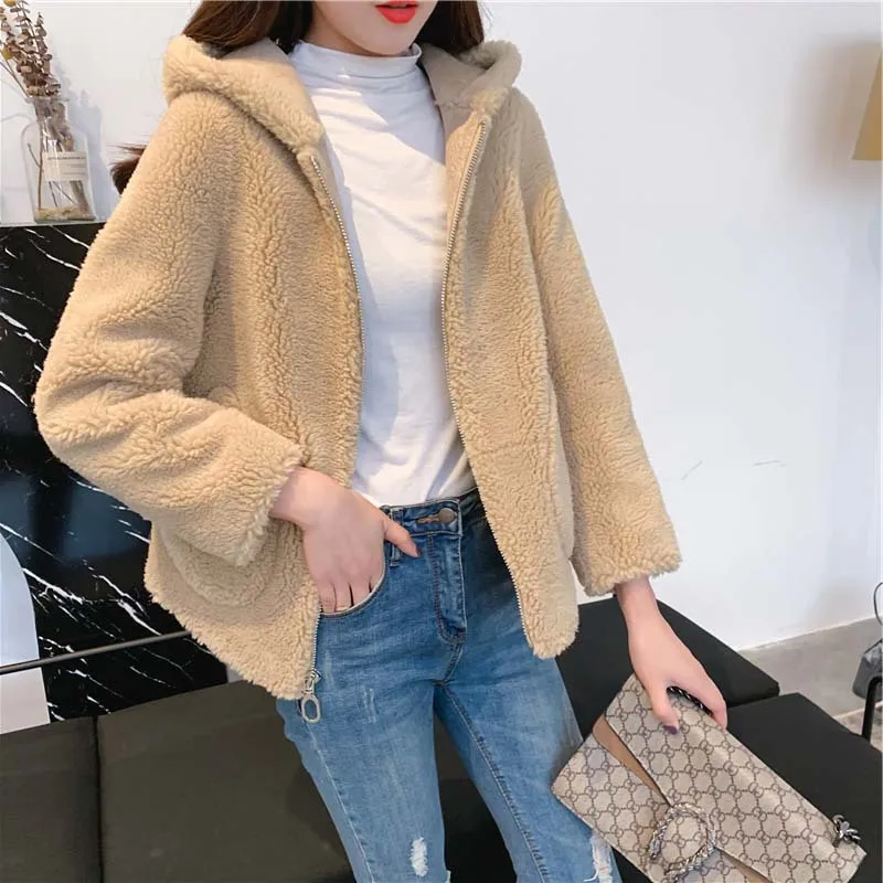 

2019 Autumn And Winter New Style Fur Granule Sheep Shearing Hooded Women's Granule Velvet Short Lambs Wool Coat Women's