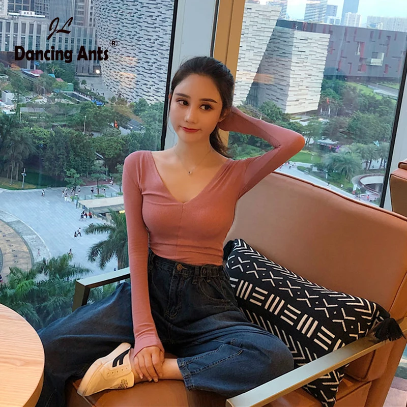 

Woman T-shirts Long Sleeve Deep V-neck Skinny Tees Korean Style Solid Office Lady Pullover Slim Female Knitted Tops 2020 Spring