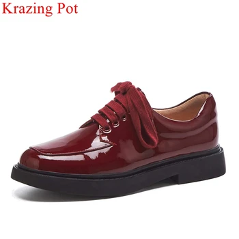 

Krazing pot full grain leather round toe med heel shoes women British school style deep mouth lace up fashion women pumps L11