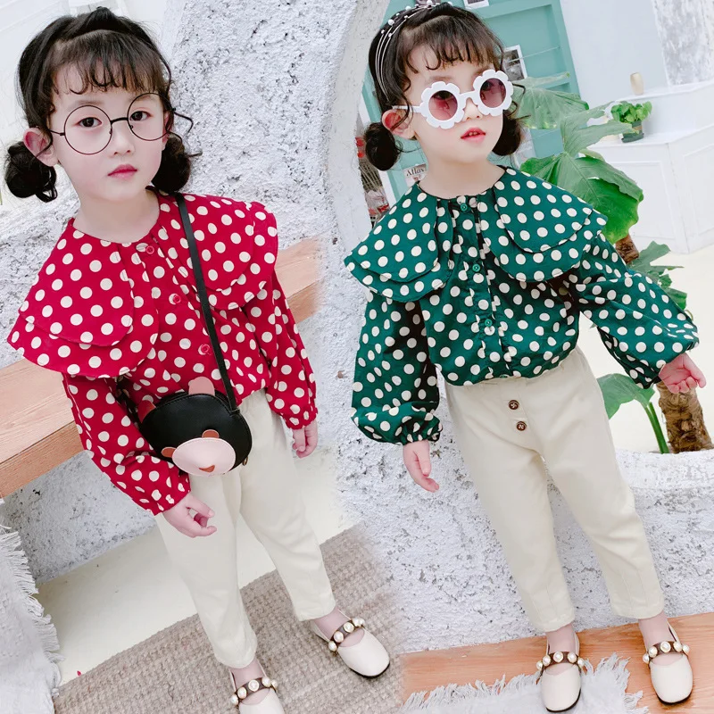 

Girl'S Shirt 2019 Spring New Style Children Western Style Chiffon Tops Korean-style Baby Polka Dot Large Lapel GIRL'S Shirt
