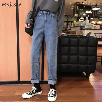 

Jeans Women Denim Solid Simple Ankle-length All-match Loose Straight Student Harajuku Hip-Hop Korean Style Chic Trousers Womens